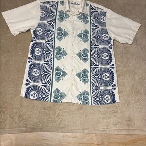 Men’s TOMMY BAHAMA Button‎ Up Short Sleeve Silk Shirt Blue Ivory Size L